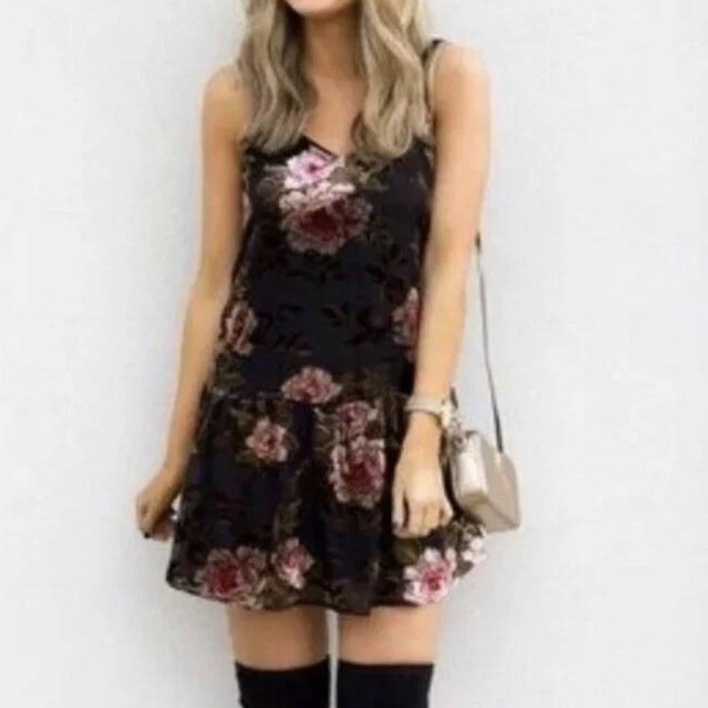 American Eagle Floral Burnout Velvet Slip Dress Black Pink Gold XS Sheer Whimsy